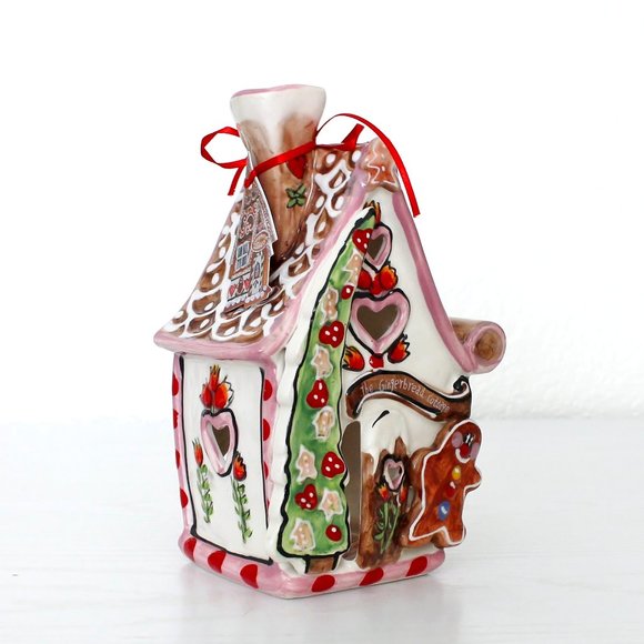 Blue Sky Clayworks Gingerbread Cottage House Pink Floral Heart Tealight Candle
